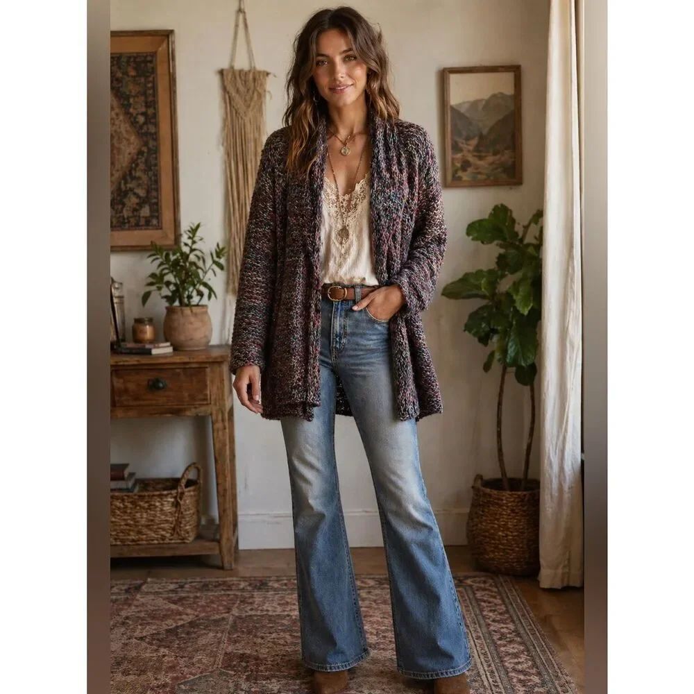 Anthropologie Moth Ella Purple and Gray Marled Chunky Knit Cardigan size M